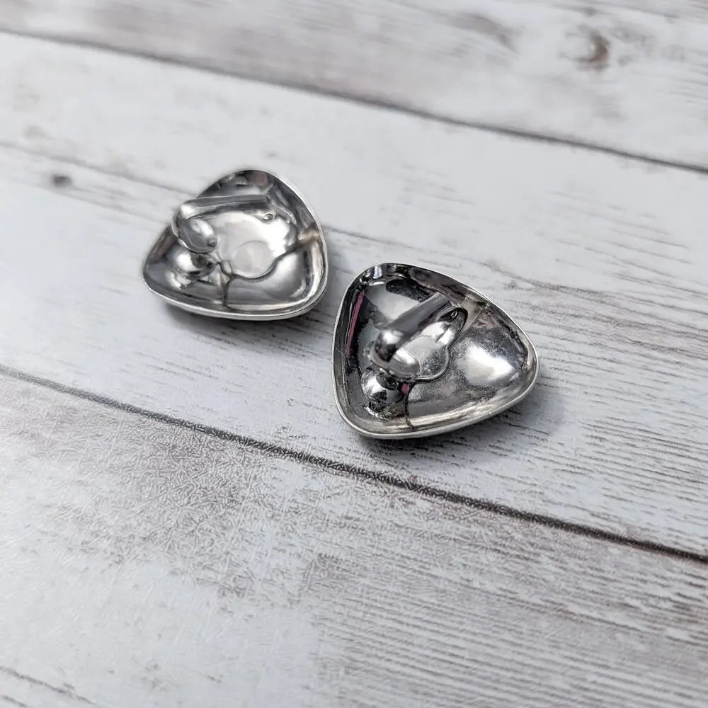 Vintage Clip On Earrings Rounded Triangle Silver Tone Hammered Pattern